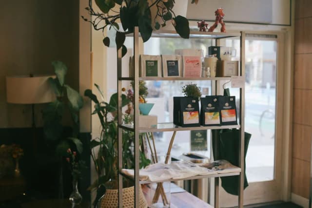 Retail bags on the shelf at the downtown shop.